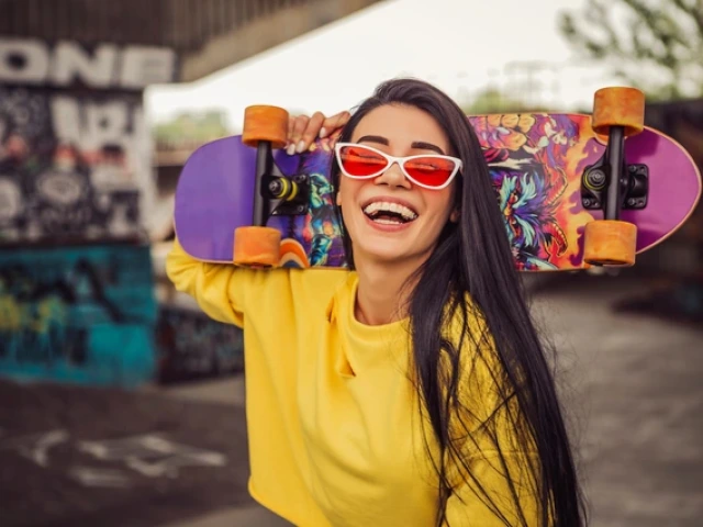 A smiling young woman with long black hair and red-tinted cat-eye sunglasses holds a colorful skateboard over her shoulders. She’s wearing a bright yellow sweatshirt and standing in an urban skate park with graffiti-covered walls. The skateboard has a vivid, artistic design with bold colors and orange wheels.