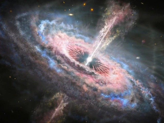 This artist's illustrations shows a spiral galaxy swirling around a bright ball of light at its center. Jets of gas and energy shoot out of the center in both directions perpendicular to the galaxy's disk. 