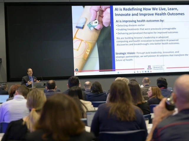 A researcher addresses several lecture attendees about artificial intelligence