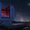 A rendering showing what the Giant Magellan Telescope will look like at nighttime, once completed. The enclosure is opened for nighttime observation, while the Milky Way rises behind the mountains. 