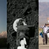 A three panel image featuring a launch of a spacecraft, a robotic arm touching a rocky surface and a man pumping his fist into the air in celebration.